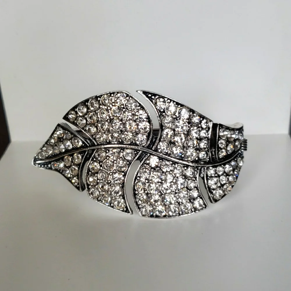 Silver Tone Jewel Encrusted Leaf Hinged  Bracelet